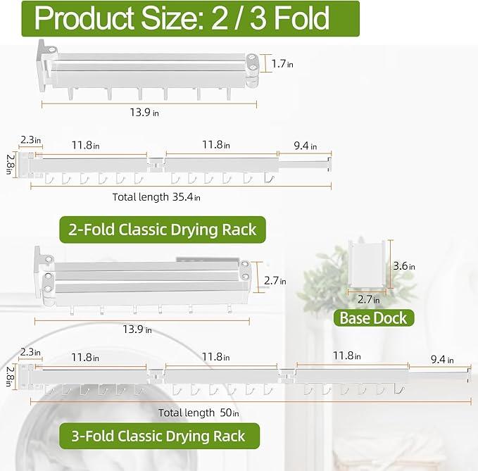 Foldable Clothes Drying Rack, 2 Fold Laundry Drying Rack Wall Mount, [No Drilling] Folding & Durable Space Saver for Laundry, Balcony, Bathroom, Patio, Dormitory, Apartment-White