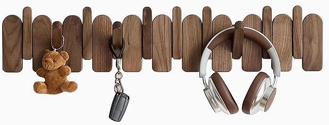 Wall Mounted Piano Key Hanger | Flip Style Hook | Entrance Wall Art Hook, Made of Oak Wood (3 Times Painted, 4 Times Polished) (Arc Walnut-Beech, 6Hooks)