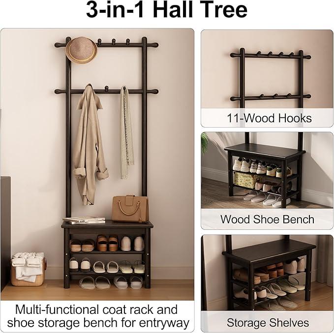 Coat Rack with Shoe Storage, Narrow Wooden Hall Tree with Bench, 11 Hooks and 2-Tier Storage Shelves, 3-in-1, Entryway Bench with Coat Rack (23.6