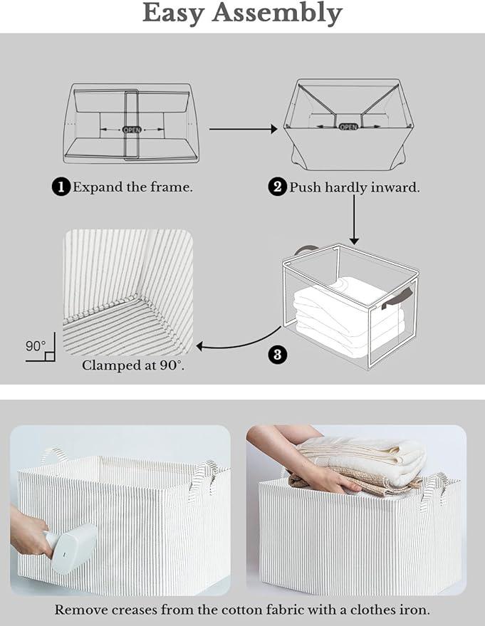 StorageWorks Storage Bins, Fabric Storage Bins for Shelves, Large Storage Baskets with Metal Frame, Closet Baskets and Bins with Handles, Gray and White Stripes, 2-Pack