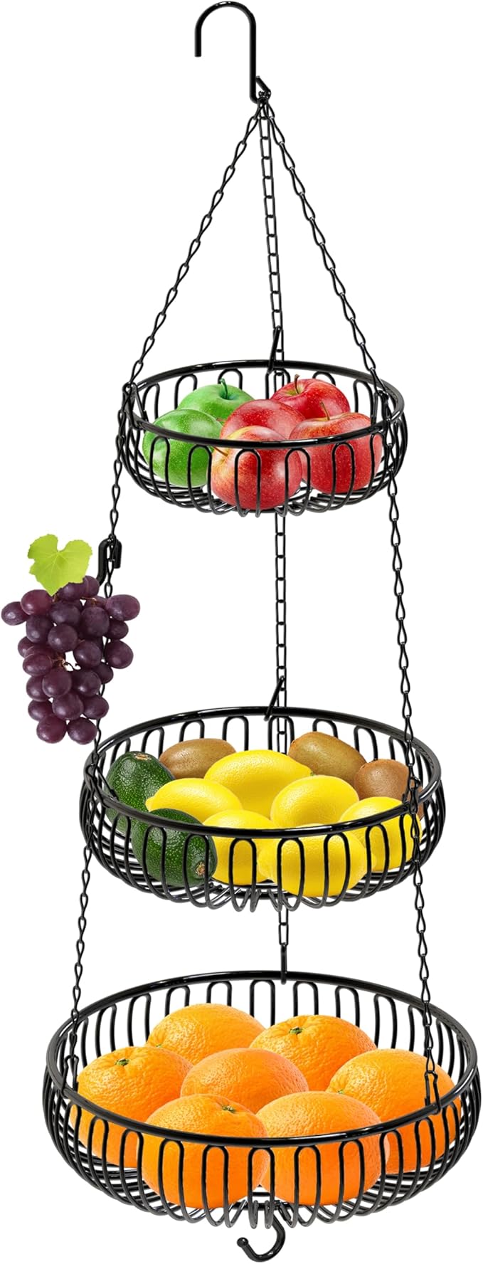 Simple Houseware Adjustable Metal Hanging Fruit Basket, Oblate, Black, 11