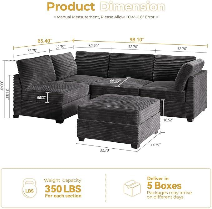 HOOOWOOO Modular Sectional Sofa,5 Pieces Sectional Couches for Living Room,98X55 L Shaped Cloud Couch with Ottoman Chaise Set(Grey Velvet Corduroy)