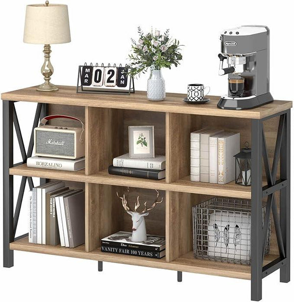 FATORRI 6 Cube Storage Organizer with Shelf, Long Wood and Metal Cubby Bookcase, Industrial Horizontal Bookshelf (Rustic Oak, 47 Inch)