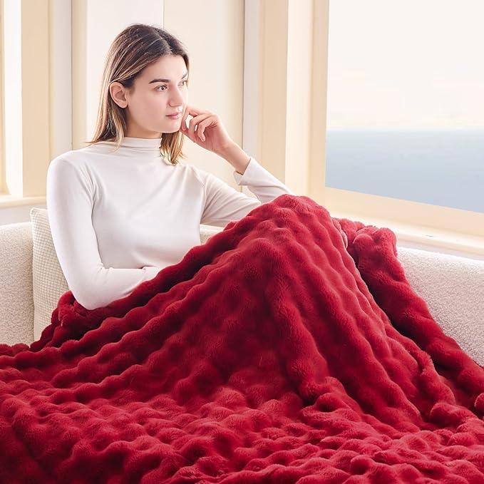 NEWCOSPLAY Faux Fur Throw Blanket Red Bubble Blanket Thick Warm Soft for Couch Sofa Bed 550GSM (Red, Throw(50