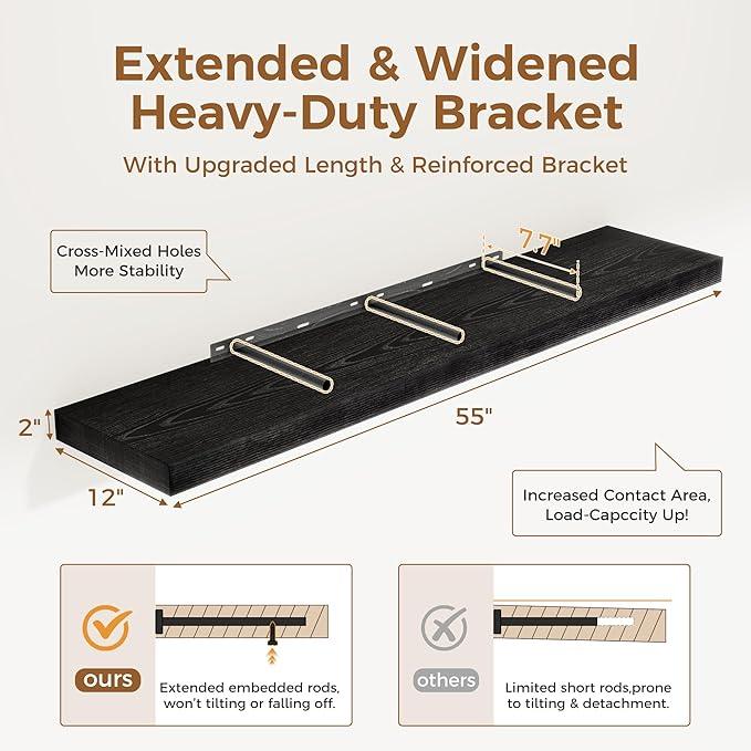 Black Floating Shelves 55 Inch Long, 12 Inch Deep Floating Shelves for Wall, 55 x 9 Large Floating Shelf for Fireplace Mantel, 2