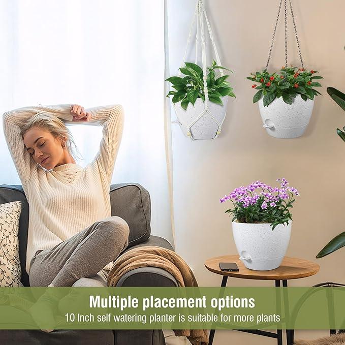 10 inch Self Watering Hanging Planters, 2 Pack Hanging Baskets for Indoor Outdoor Plants, Hanging Flower Pots with Drainage Holes and 2 Kinds of Plant Hangers for Garden Decor, Speckled White