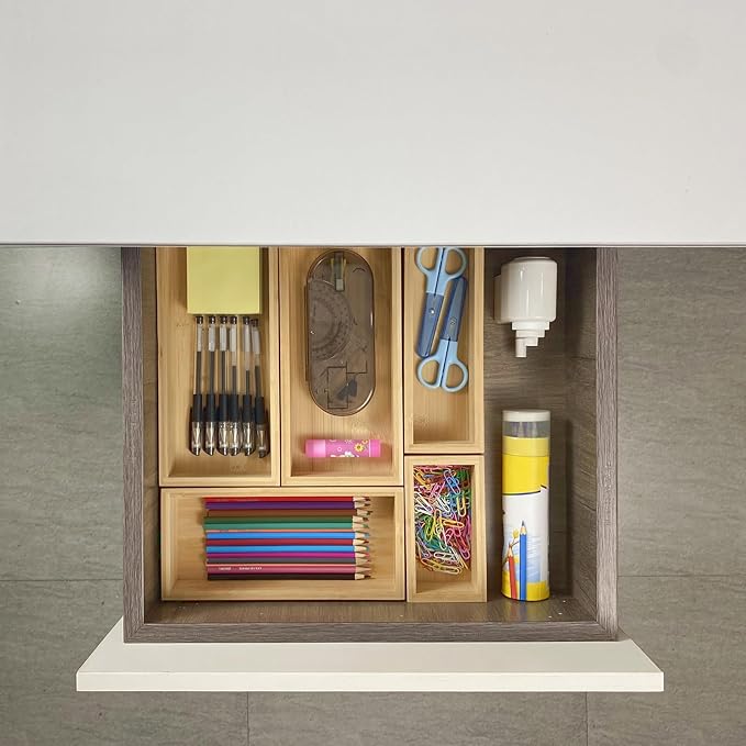 bamboo drawer organizer Set，expandable drawer dividers,wooden storage organizers,large trays for kitchen, bathroom,flatware,Tea Bag Organizer (1 X 5PCS Natural)