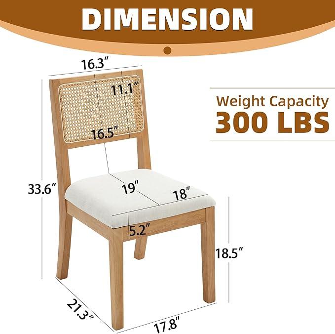 Westice Rattan Dining Chairs Set of 2, Farmhouse Natural Dining Room Chairs with Upholstered Cushion, Wood Armless Chairs for Kitchen/Restaurant