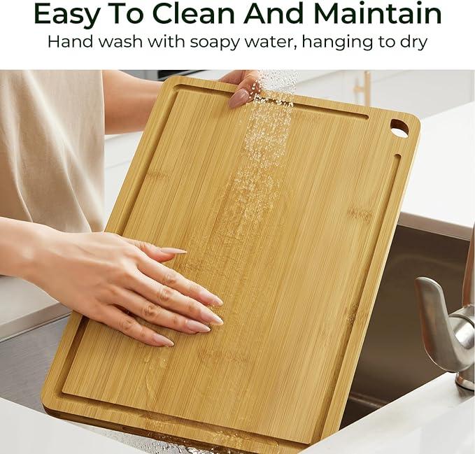 4-Pcs Natural Wood Cutting Board Set Kitchen Tools with Juice Groove, Wooden Chopping Board for Meat, Fruit, Vegetables & Cheese (Pre Oiled, Natural)