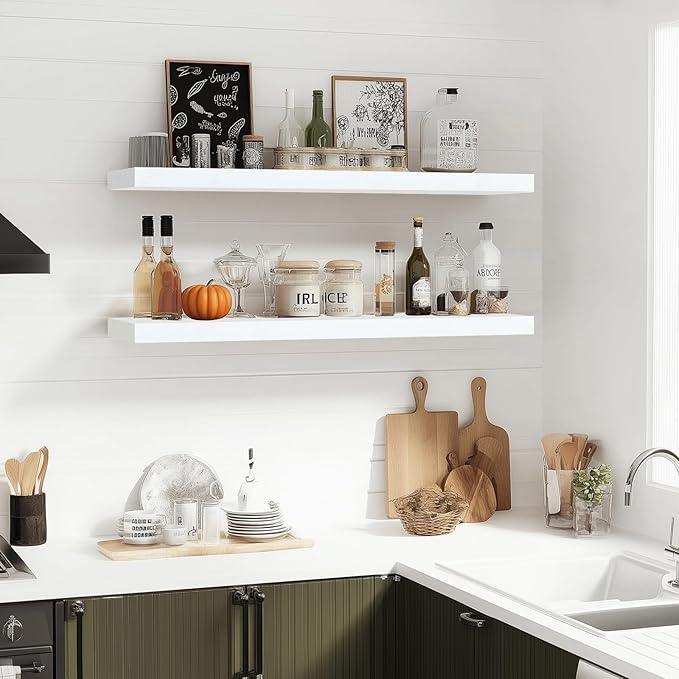 Floating Wall Shelves 2-Pack - 36-Inch Rustic White Wooden Shelves for Storage and Décor, Easy Installation for Living Room, Bedroom, and Kitchen