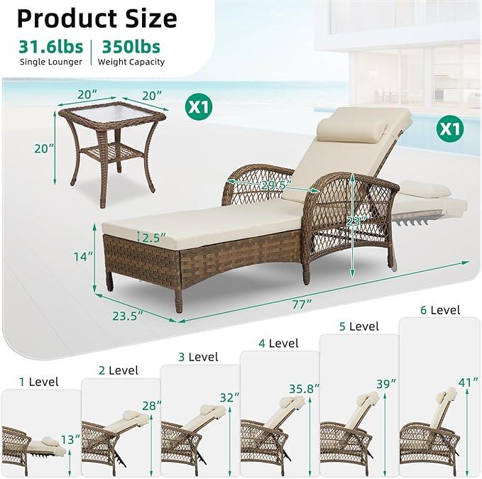 VIVIJASON Outdoor Wicker Chaise Lounge Chair, All-Weather PE Rattan Cushioned Patio Lounger Set with Side Table, 6-Position Adjustable Outside Pool Sunbathing Recliner with Armrest & Pillow, Beige