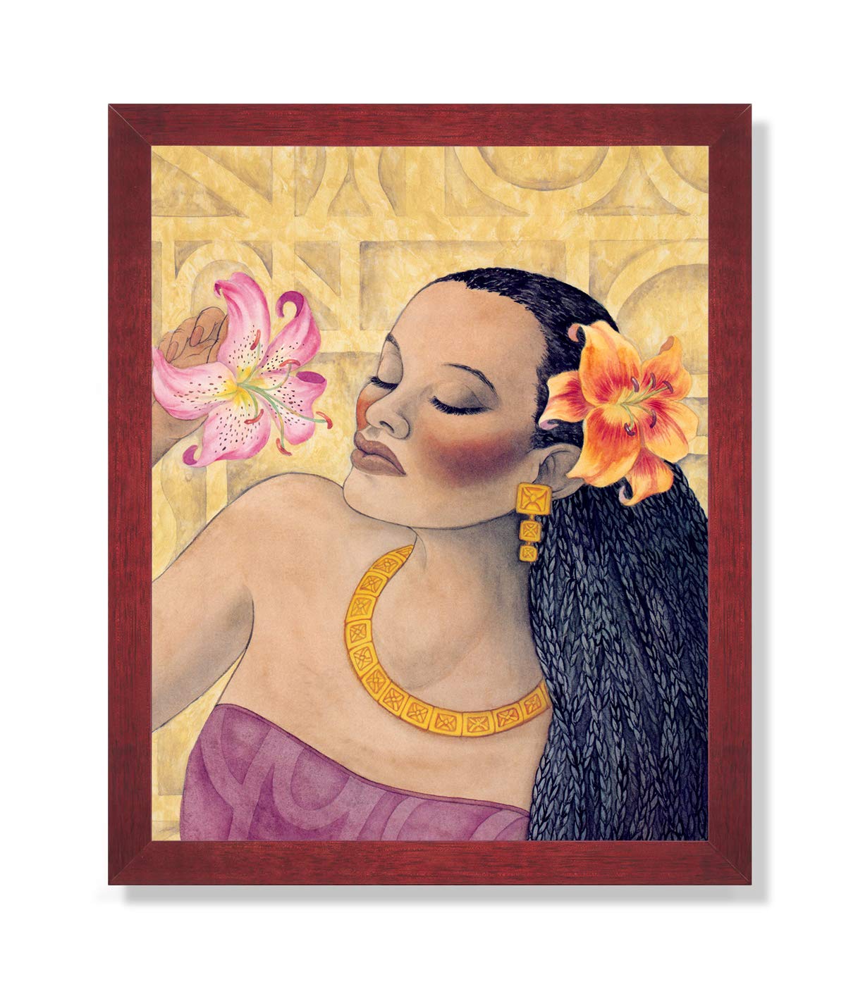 Framed Art Print – African American Black Girl Floral Artwork in Cherry Wood Frame