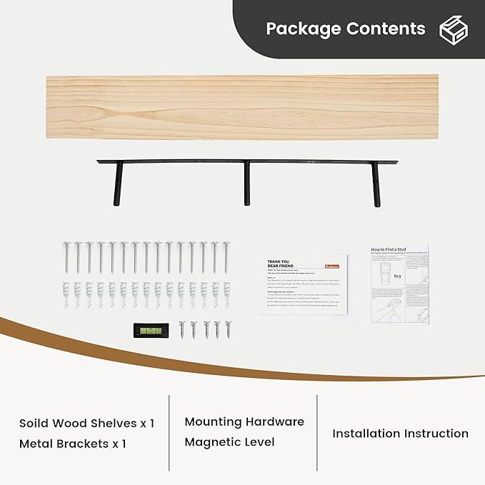 Fun Memories 48 Inch Floating Shelves for Wall, Deep Rustic Solid Pine Wood Floating Shelf - Farmhouse Wall Mounted Display Shelf with Heavy-Duty Metal Bracket, 48