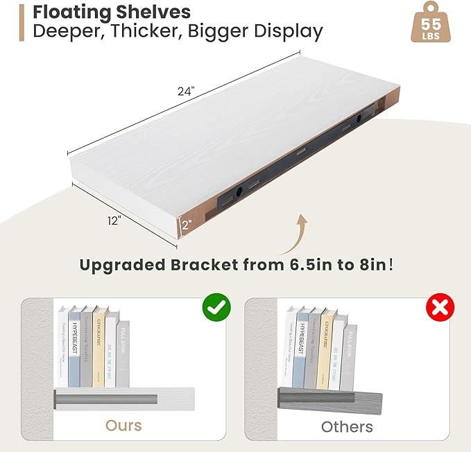 Heimlove 24 x 12 Inch Deep Floating Shelves Wall Mounted with Invisible Brackets,Storage Hanging Shelf for Wall Decor in Bathroom, Bedroom, Toilet, Kitchen, Living Room, Office Set of 2 (White)