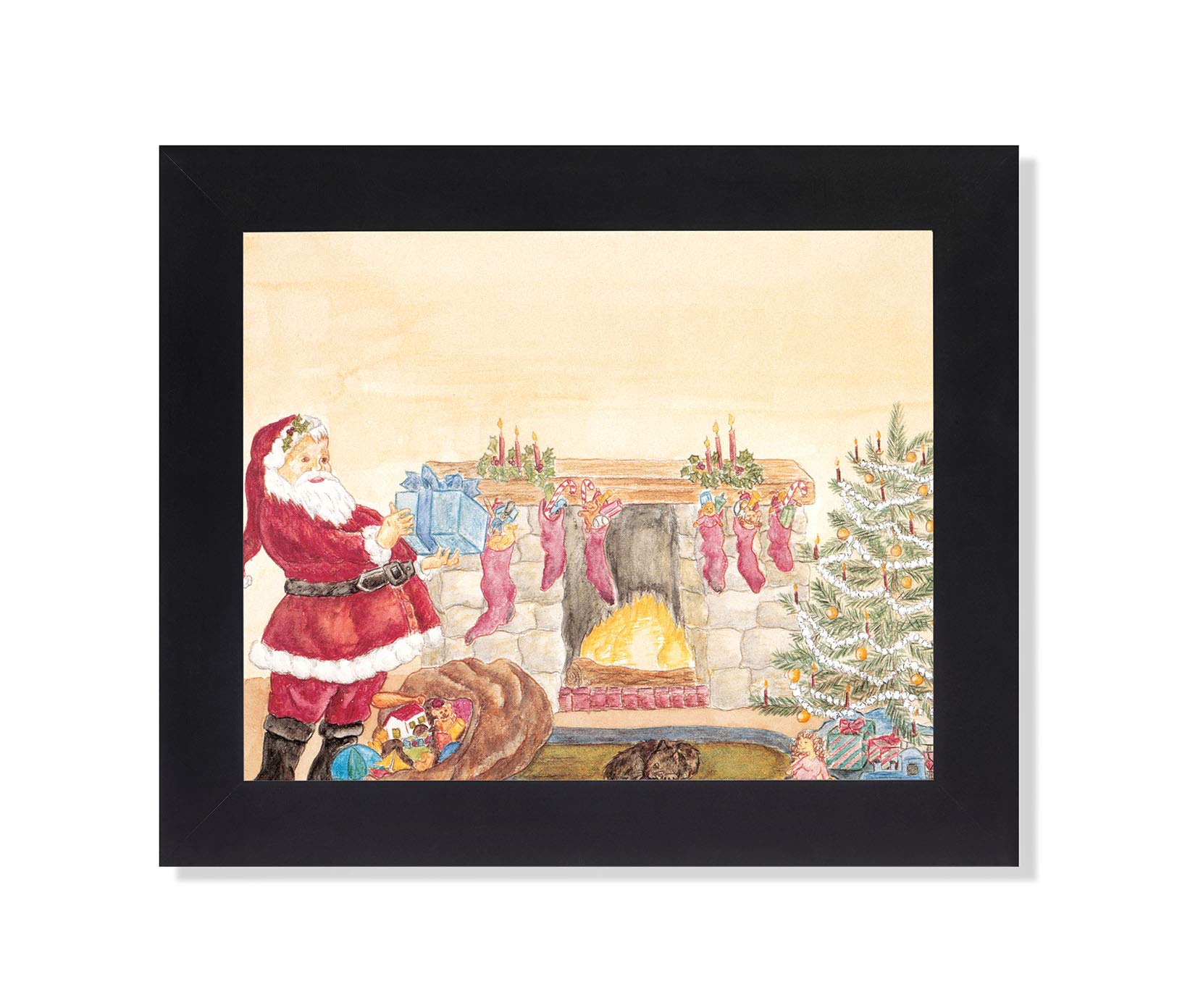 Santa Claus Wall Art – Framed Holiday Print with St Nick Toys & Stockings