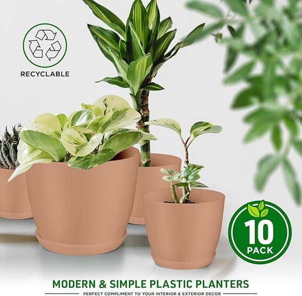 Planter Pots with Drainage Holes - Lightweight, Durable, and Space-Saving Pots for Indoor and Outdoor - Versatile Functionality, Simple Modern Design, Set of 10 Plastic Planter Pots - Pink