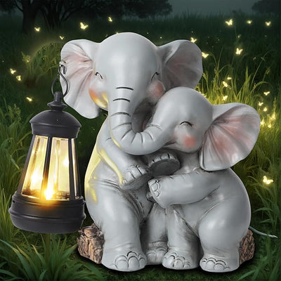 Solar Garden Decor - Mother Baby Elephant Statue with Solar Lantern 7