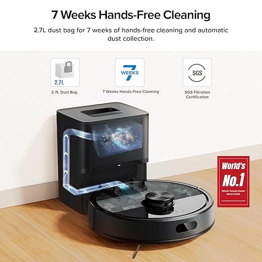 roborock Q7 M5+ Robot Vacuum and Mop, Upgraded from Q5 Max+, 7 Weeks Self-Emptying, 10000Pa Suction, Dual Anti-Tangle System, for Pet Hair & Carpet, PreciSense LiDAR Navigation, App Control, Black