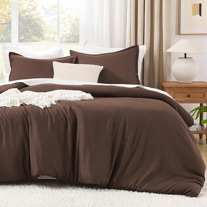 Litanika Brown Comforter Set Queen Size, 3 Pieces Lightweight Solid Bedding Comforter Set, All Season Fluffy Bed Set (90x90In Comforter & 2 Pillowcases)