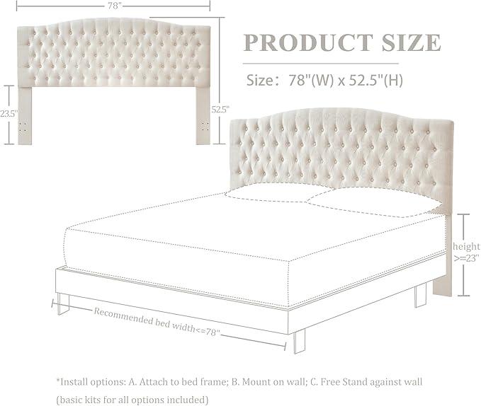 Linen Upholstered Headboard King/Cal King Size Latest Model Wall Mount, Bed Frame Mount, Featuring High-Density Sponge Padding, Luxury Texture Easy Assembly Comfort and Style-Ivory