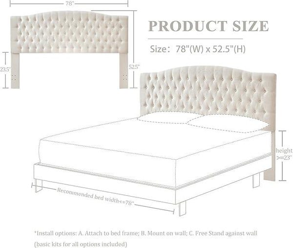 Linen Upholstered Headboard King/Cal King Size Latest Model Wall Mount, Bed Frame Mount, Featuring High-Density Sponge Padding, Luxury Texture Easy Assembly Comfort and Style-Ivory