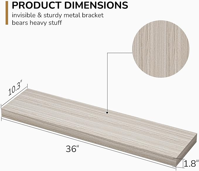 Floating Shelves - 10.3 Inch Deep Wall Shelf for Decor & Storage - Wall Mounted Display Shelving with Invisible Heavy-Duty Metal Bracket - 36