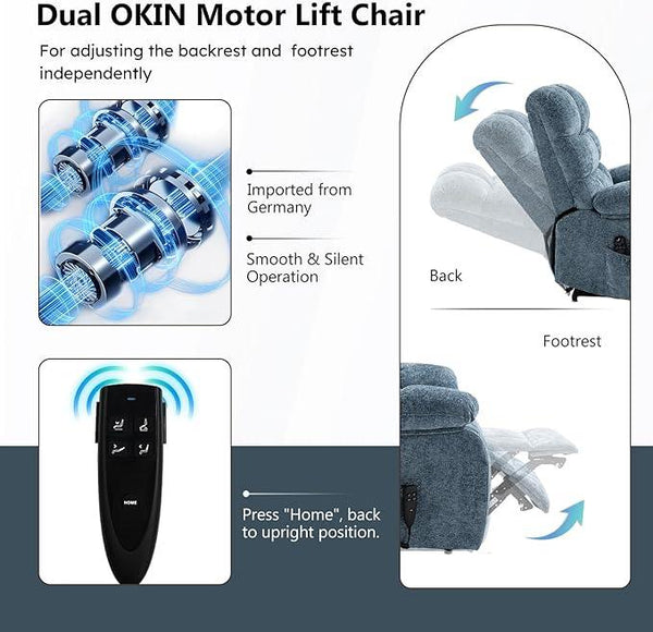 Lay Flat Recliner with Vibration Massage and Lumbar Heating, 26'' Wide Chair with Infinite Position and 2 Remote Controls, Soft Chenille Lift for Living Room, Grayish Blue