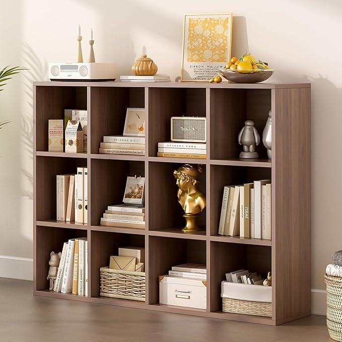 12-Cube Storage Shelf Bookcase - Wooden 3-Tier Floor Standing Open Bookshelf for Home and Office, Cuby Orgainzer, Walnut