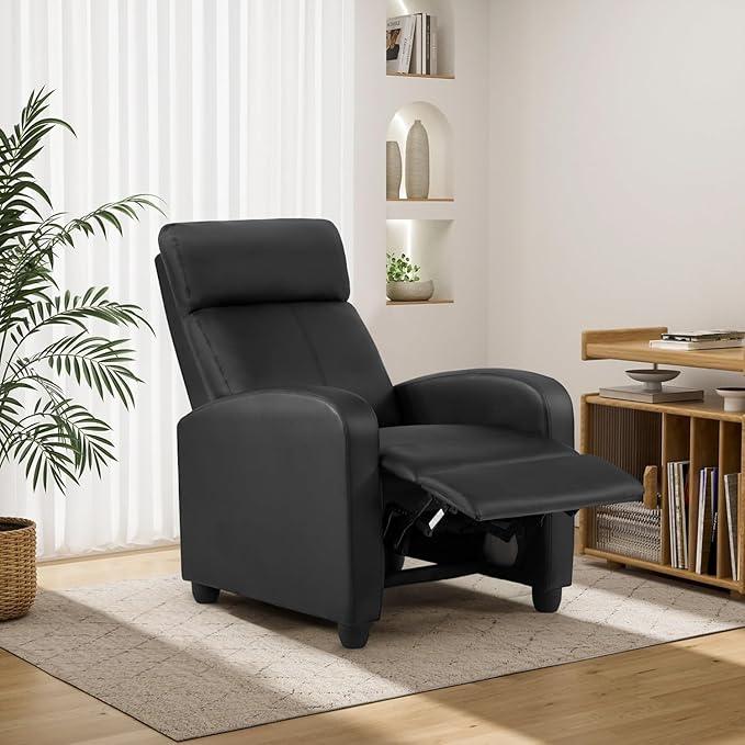 BestMassage | Recliner Chair | No Massage Function | Leather Black | with Lumbar Support, Adjustable Push Back, Wide Armrests, Footrest & Padded Seat | Easy Assembly | for Living Room, Home Theatre