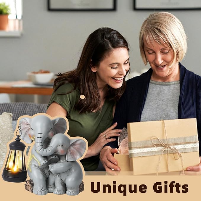 Solar Garden Decor - Mother Baby Elephant Statue with Solar Lantern 7