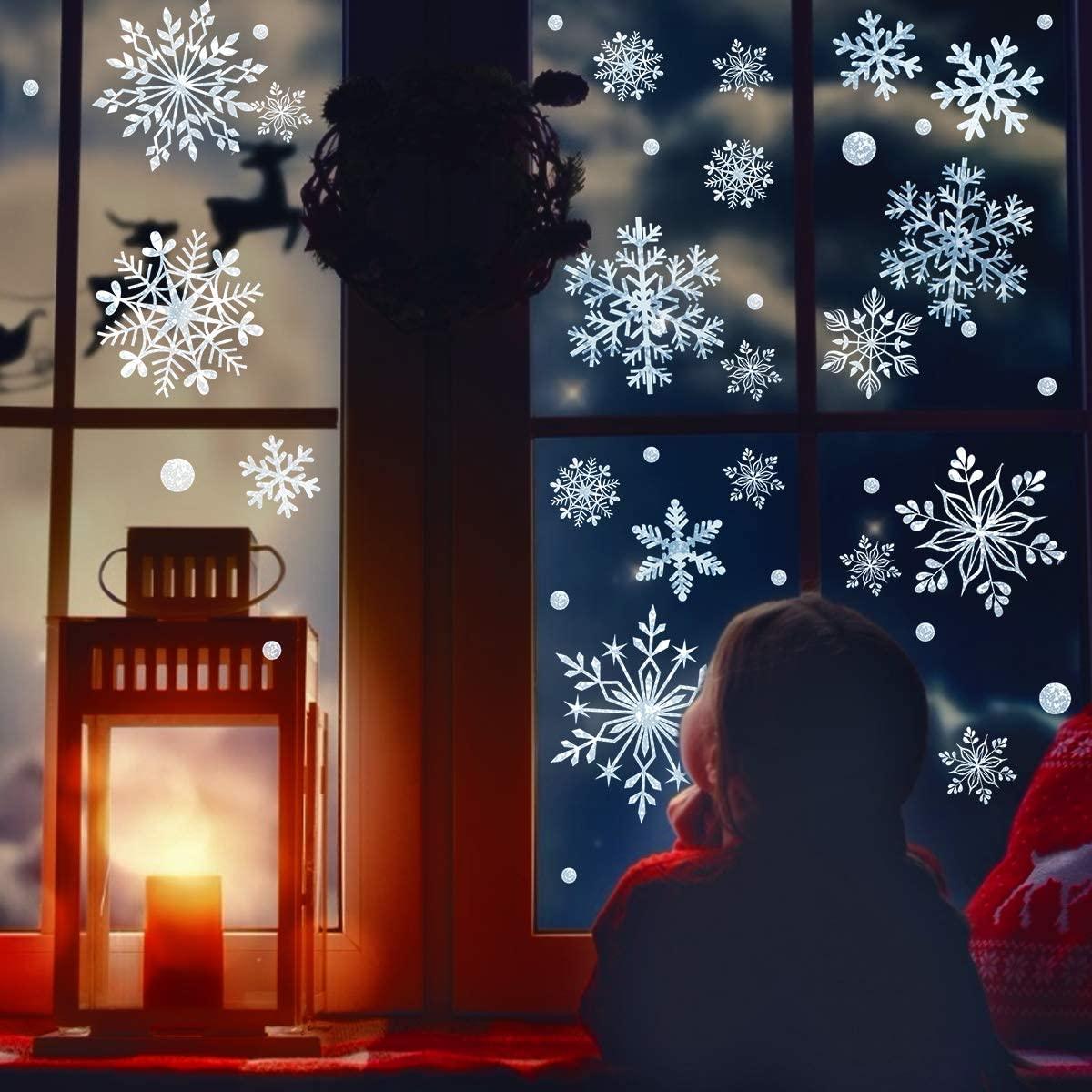 318 Pcs Snowflake Window Clings, White Christmas Decoration