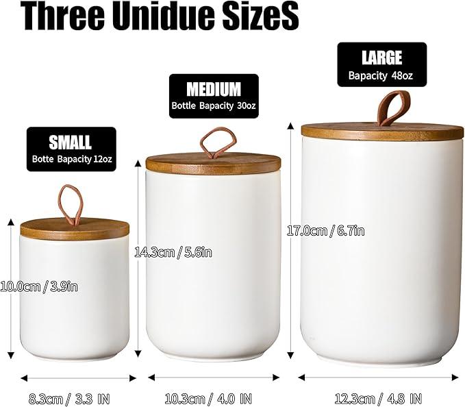JOJUNO White Ceramic Canister Set with Wooden Lid, 3-Piece Airtight Food Storage Jars for Kitchen Counter - Flour, Sugar, Coffee, Tea, Spice - Small, Medium, Large Sizes