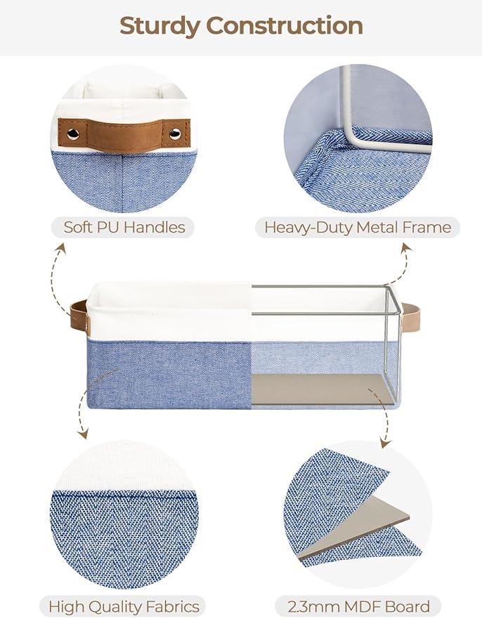 StorageWorks Narrow Storage Bins, Small Basket for Closet and Shelves, Fabric Organizer with Handles, Toilet Paper Storage, Blue and White, 2-Pack