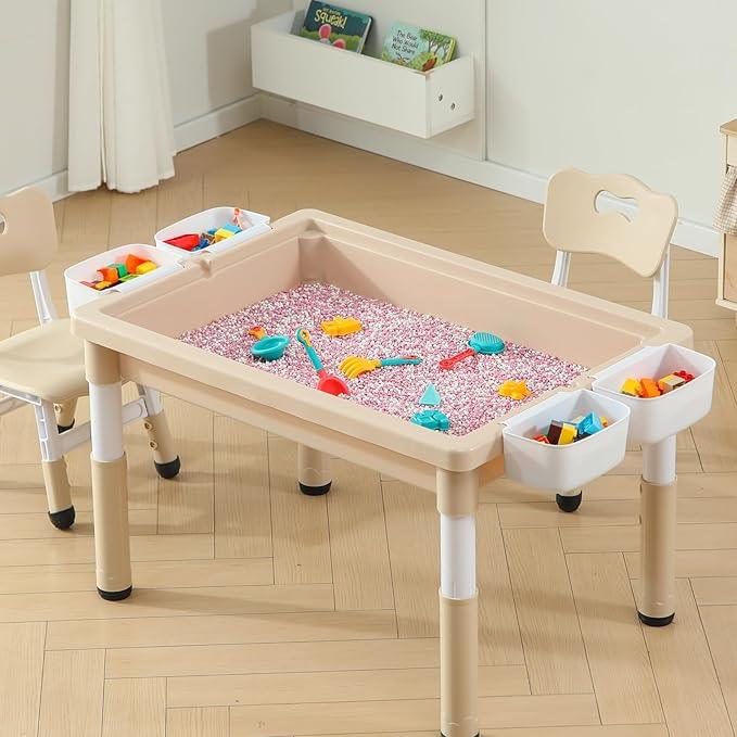 Multi Functional Kids Table and 2 Chairs Set, Graffiti & Building Blocks Double-Sided Tabletop, Toddler Play Table with Drawers, Large Storage Space, Gift for Boys/Girls, Burlywood