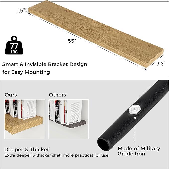 Floating Shelves for Wall, Large Wall Mounted Shelves with Invisible Brackets, Long Wood Floating Shelf for Living Room, Bedroom, Kitchen, Bathroom (Oak, 55