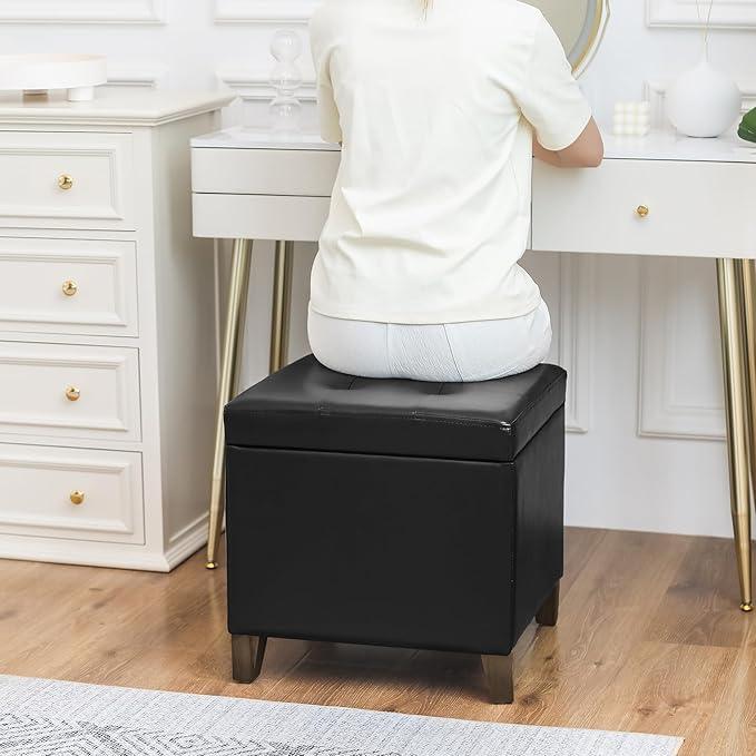 Adeco Faux Leather Storage Ottoman Bench with Solid Wood Legs, 17.7