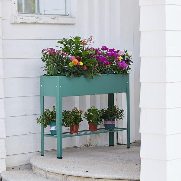 Raised Garden Bed, Elevated Planter Green Metal Plant Box with Legs Standing Garden Stand Drainage Holes Green (Green 40