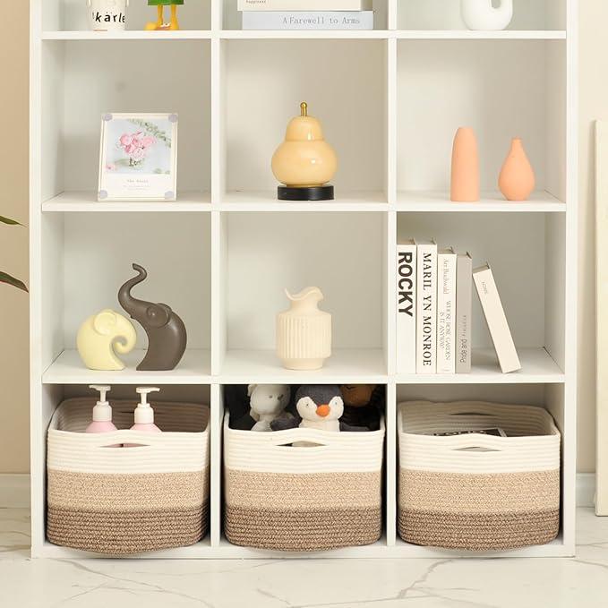 Large Storage Baskets for Organizing Shelves, Woven Cotton Rope Bins for Baby Nursery Organization, Book Toy Towel Organizer, 17