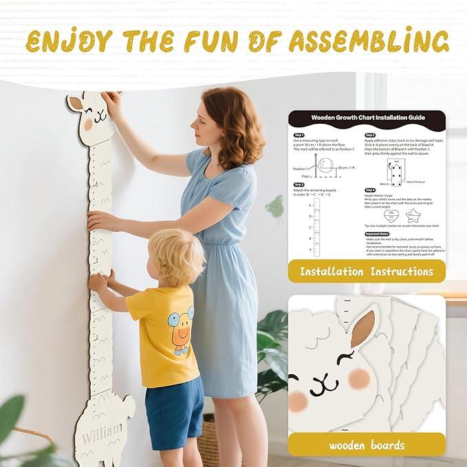 Personalized Name Height Chart for Kids, Alpaca Wood Growth Chart, Height Measuring for Children, Boy Girls Height Wall Chart Growth Measuring Ruler for Nursery Decor, Lightweight