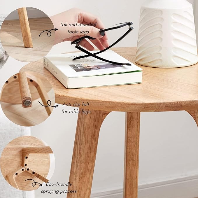 100% Solid Oak Round Side Table Set of 2, Small Bedside Table for Small Spaces, Living Room End Table with Stable Frame, Modern Nightstand for Bedroom Couch(Natural, 17.71