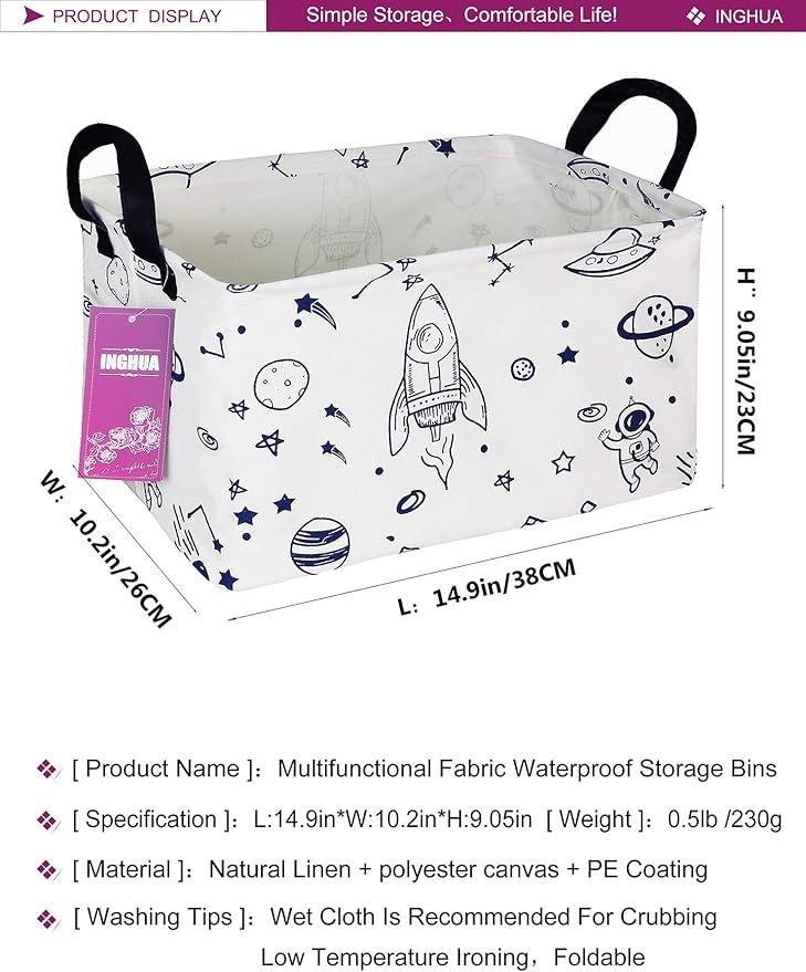 Rectangular Storage Basket Fabric Organizer Bin for Toys,Books,Clothes,Gifts,Pets-Perfect for Home,Office,Nursery,Dorm,Shelf(Rec Spaceships)