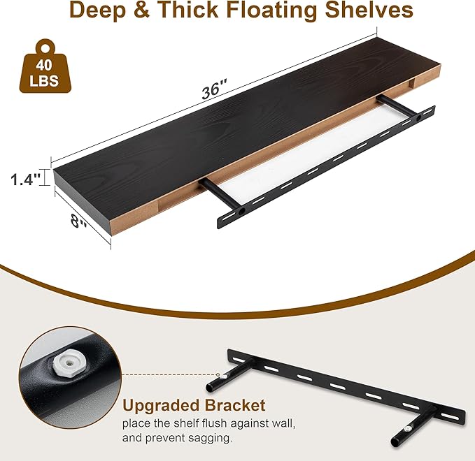 Fun Memories Black Floating Shelves 36 Inch Long, 8 Inch Deep Floating Shelf for Wall, 36