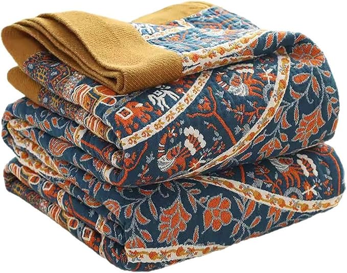 Boho Muslin Blanket for Adults 4-Layer Gauze 80 x 90 Inches Soft Cozy 100% Cotton Summer Cooling Blanket Circle Geometric Decor for Sofa Bed Coverlet Both Sides (A Luck Wheel, 80 x 90 in)