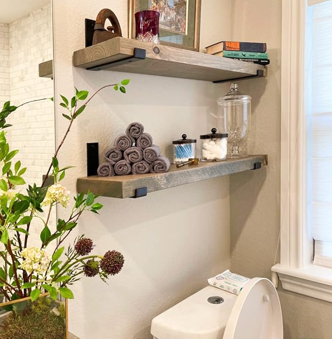 Rustic Shelves with J-Brackets Set of 2, Industrial Shelf, Kitchen Shelves, Solid Wood, Decorative Wall Storage, Heavy Duty, URBANDI (Grey, 36Wx10D)