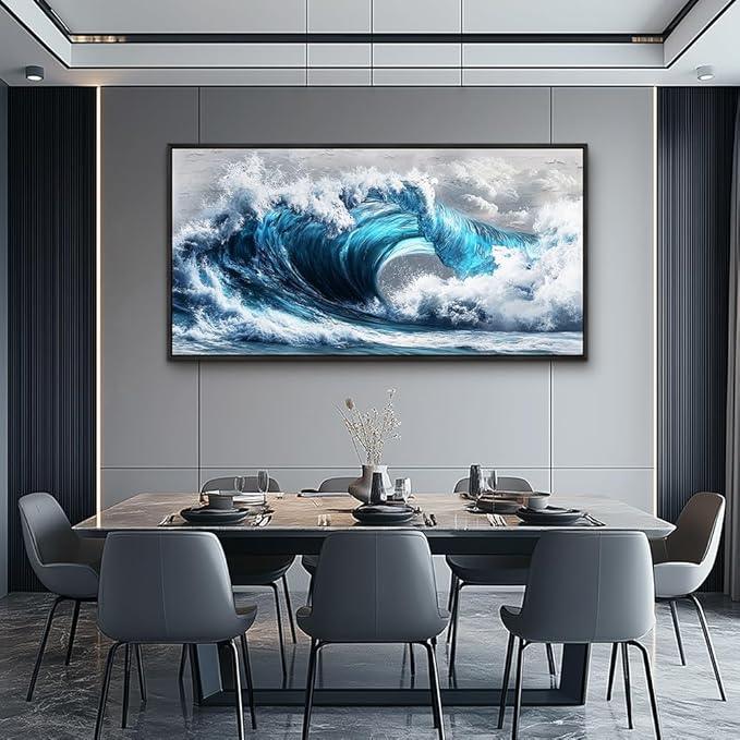 PHAOHUAXM Large Canvas Blue Wave Paintings Wall Art For Living Room Wall Decoration For Bedroom Ocean Wall Pictures Printing Office Decorations Posters Modern Home Decor Black Framed 30x60 In