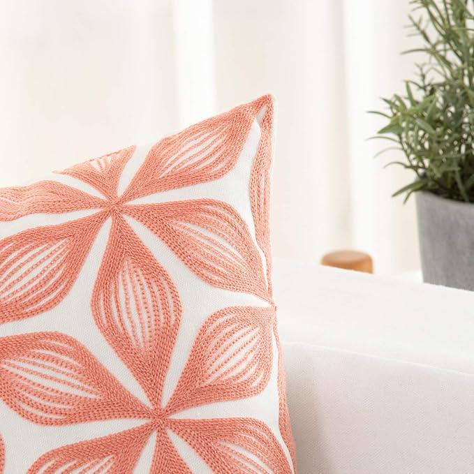 HWY 50 Coral Pink Decorative Throw Pillow Covers 18x18 Inch (1 Piece), Embroidered Cotton Farmhouse Cushion Cover Pillow Case for Sofa Couch Living Room Bed, Fashion Geometric