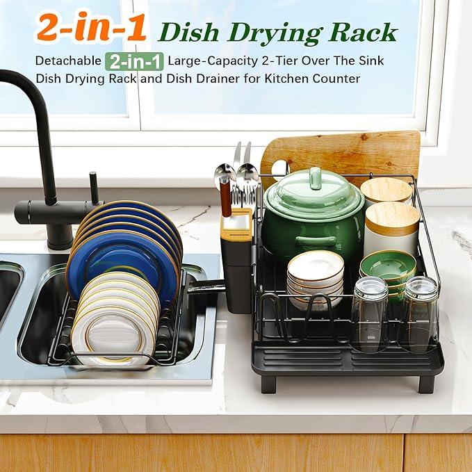 Runnatal Large Dish Drying Rack with Drainboard Set, Stainless Steel Detachable 2-in-1 Large-Capacity 2-Tier Over The Sink Anti-Rust Dish Rack and Dish Drainer for Kitchen Counter