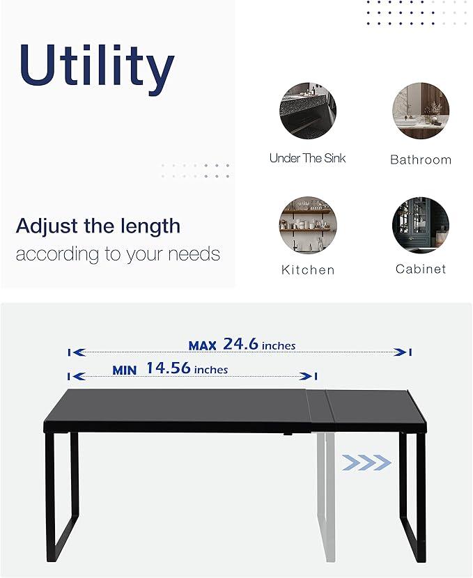 Nxconsu Cabinet Shelf Expandable Organizer Riser Rack for Kitchen Pantry Cupboard Under Sink Countertop Home Organization Extra Storage Space Saver Heavy Duty Metal Edgeless Design Black