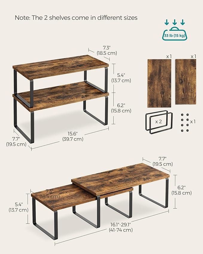 SONGMICS Cabinet Organizer Shelf, Set of 2 Kitchen Counter Shelves, Kitchen Storage, Spice Rack, Stackable, Expandable, Metal and Engineered Wood, Ink Black and Rustic Brown UKCS200X01