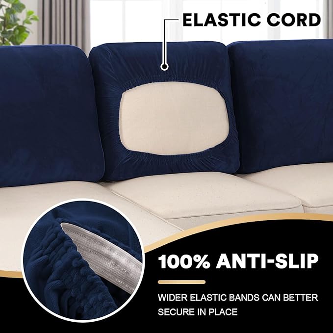 PrinceDeco Sectional Couch Covers Velvet Cushion Covers for Sectional Couch Washable Cushion Covers for Sectional Sofa Pet Friendly Sectional Sofa Slipcovers(1 Chaise Back+ 3 Sofa Back,Navy)